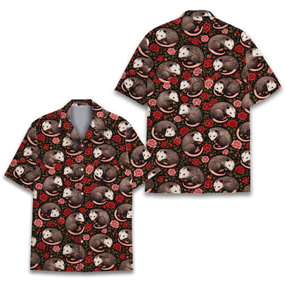 Main view of the animals hawaiian shirt featuring sleeping opossums and floral roses on a dark background