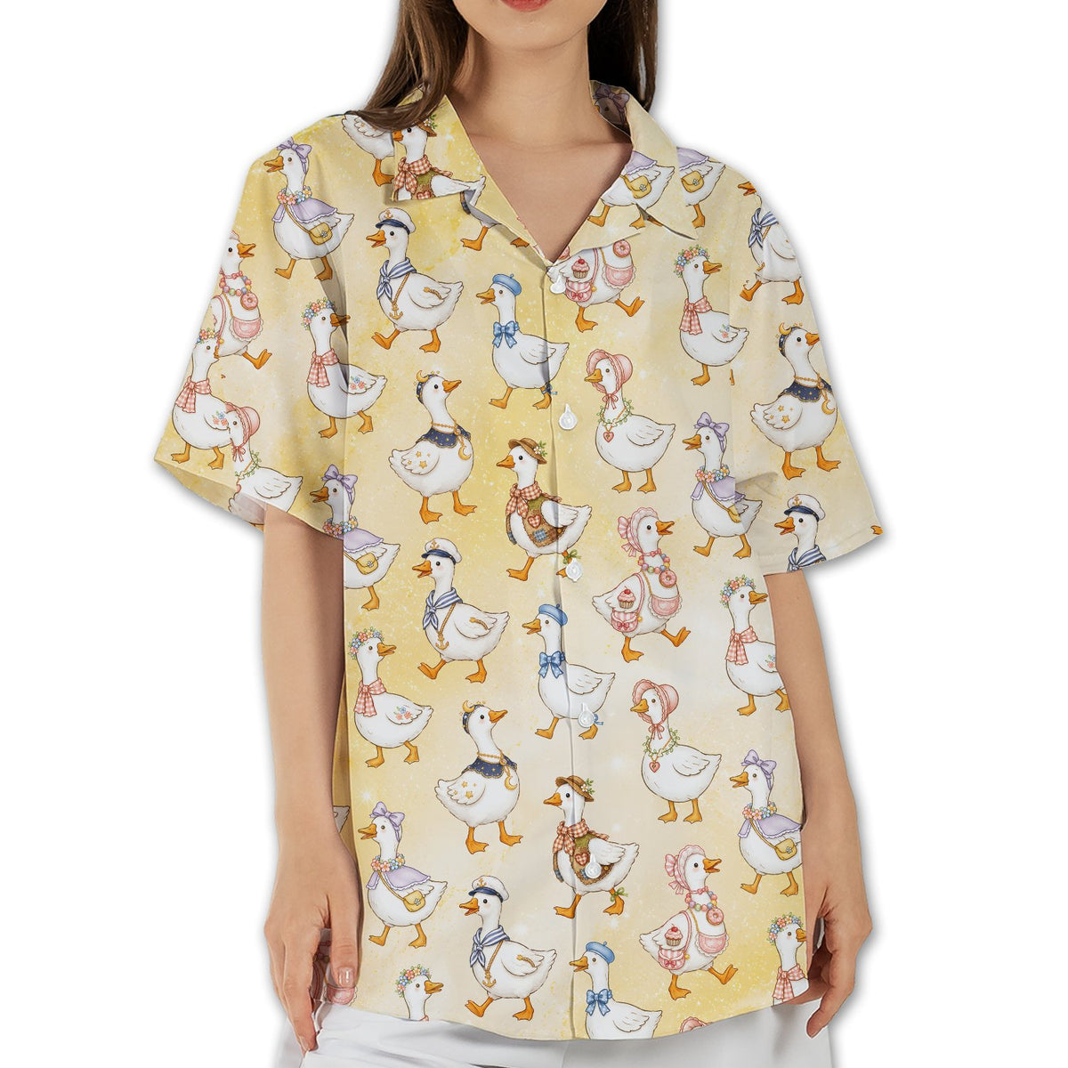 Lifestyle view of matching family hawaiian shirts with duck pattern