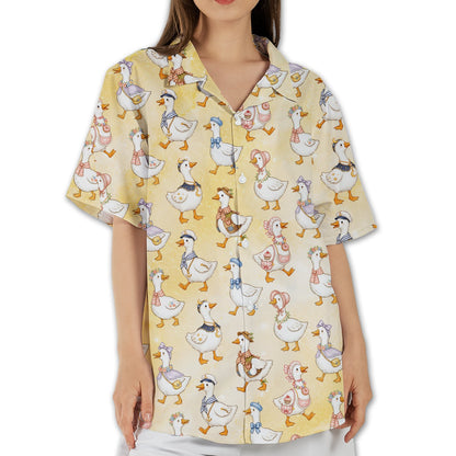 Lifestyle view of matching family hawaiian shirts with duck pattern