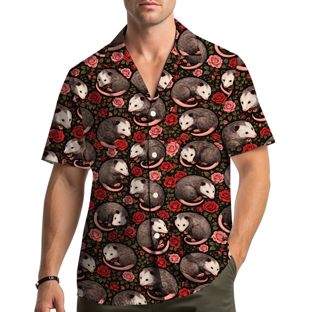 Lifestyle view of a person wearing the opossum hawaiian shirt
