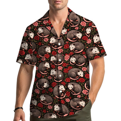 Lifestyle view of a person wearing the opossum hawaiian shirt