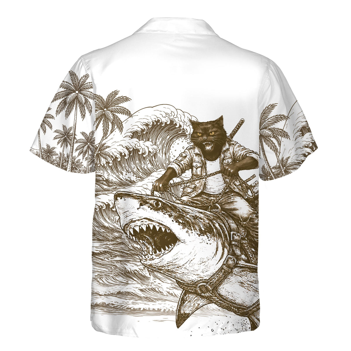 Back view of white hawaiian shirt with abstract cat and shark print