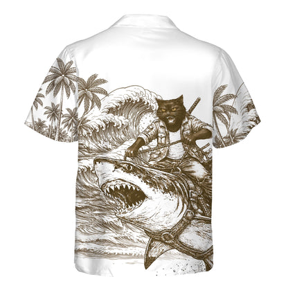 Back view of white hawaiian shirt with abstract cat and shark print