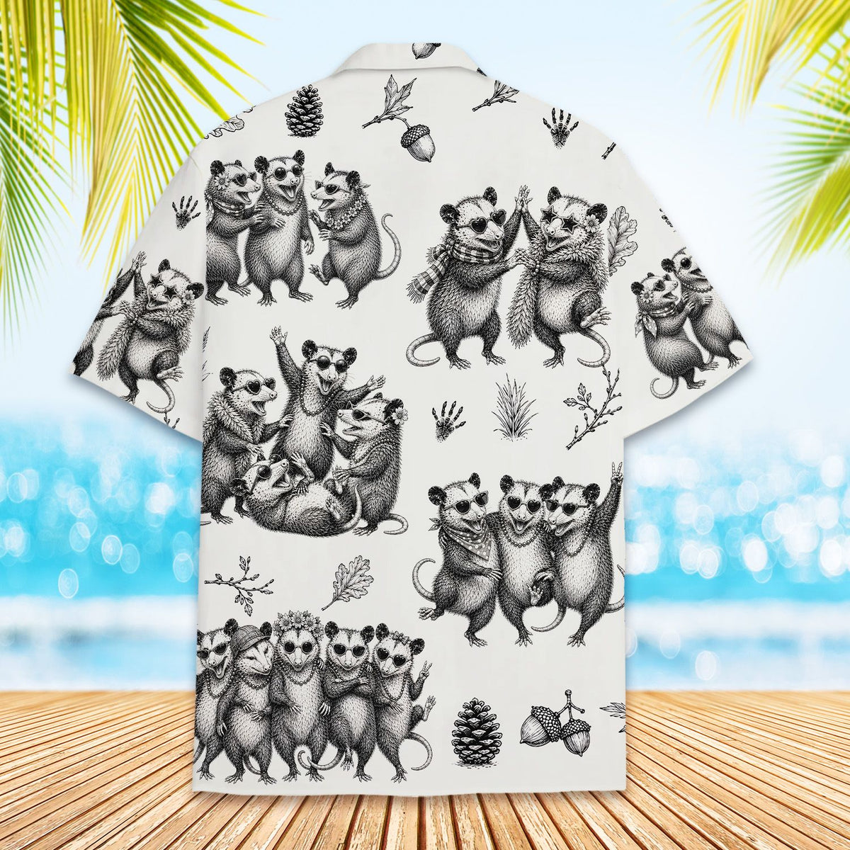 Detailed back view of the white and black animals hawaiian shirt.
