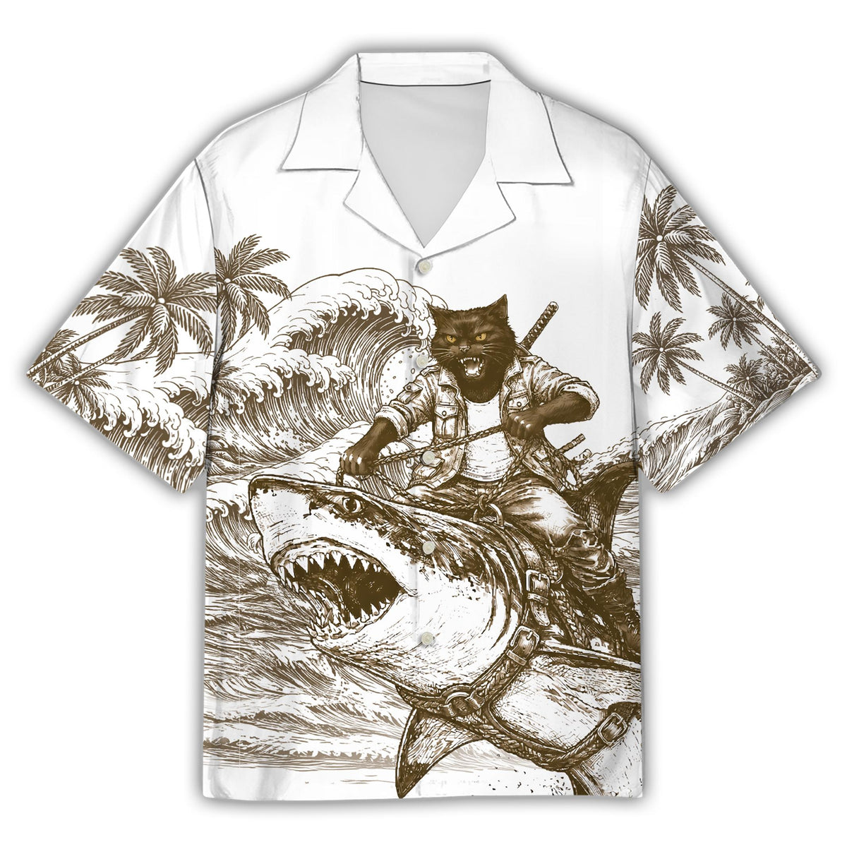 Front view of white animals hawaiian shirt featuring a cat riding a shark