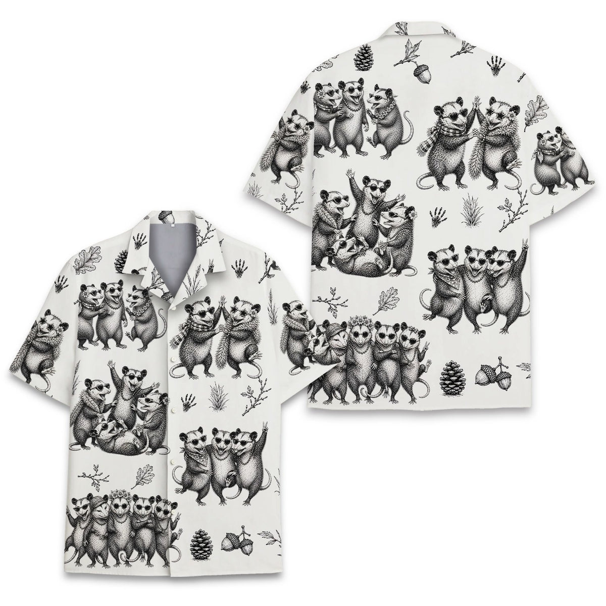 Detailed front view of the animals hawaiian shirt pattern with acorns and pinecones.