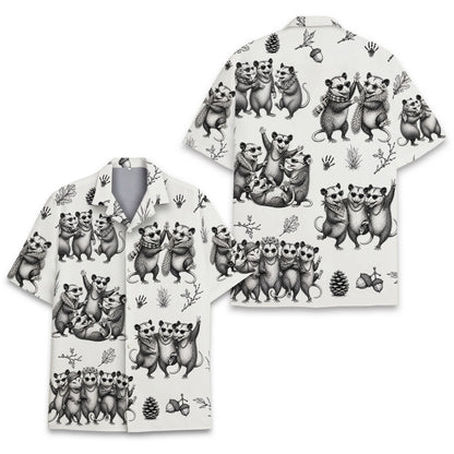 Detailed front view of the animals hawaiian shirt pattern with acorns and pinecones.