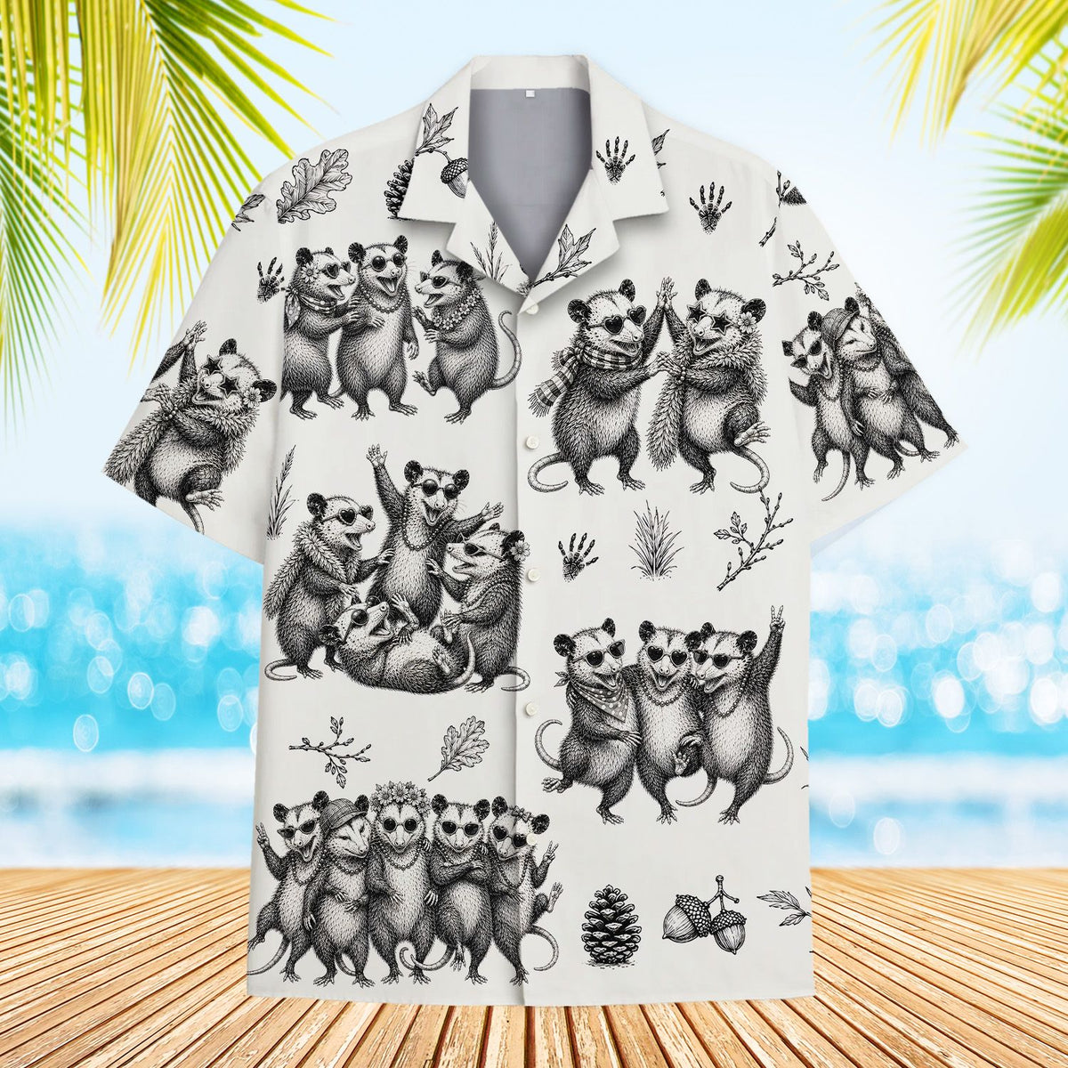 Front view of the white animals hawaiian shirt showing opossums wearing sunglasses and flower crowns.