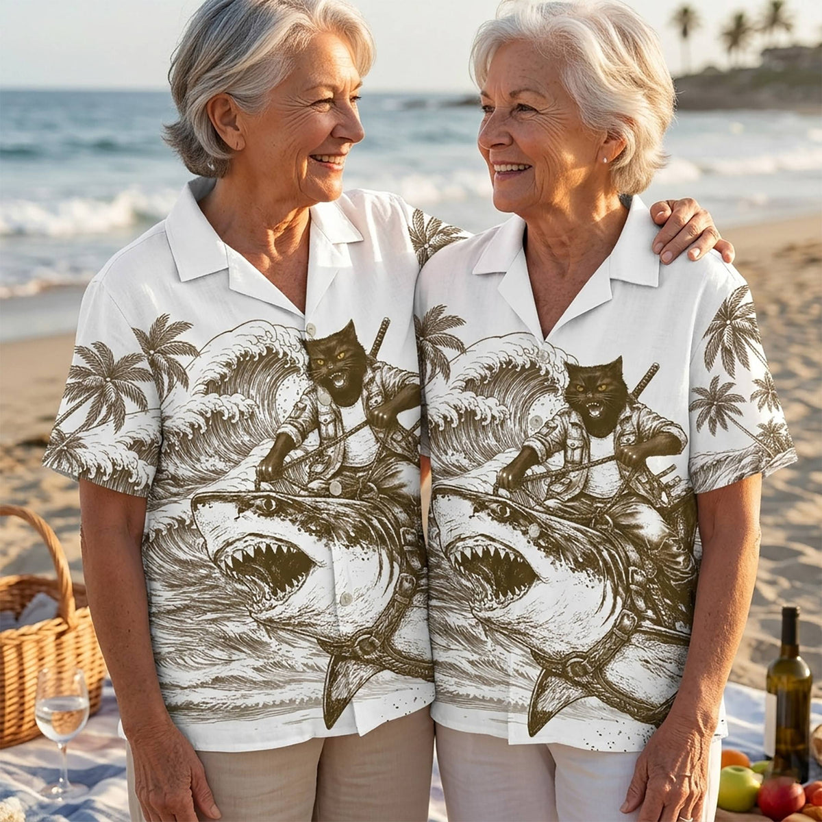Lifestyle view of someone wearing the cat riding shark hawaiian shirt