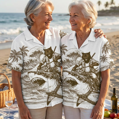 Lifestyle view of someone wearing the cat riding shark hawaiian shirt