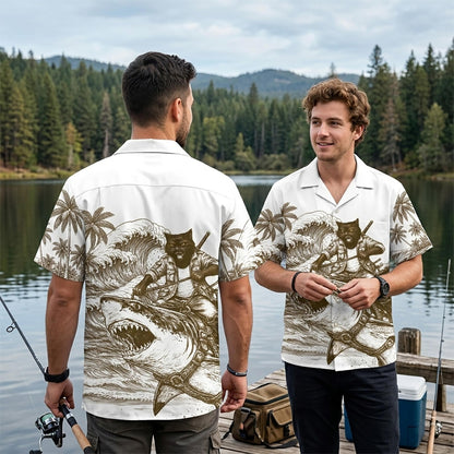 Third lifestyle view showing the matching family hawaiian shirts