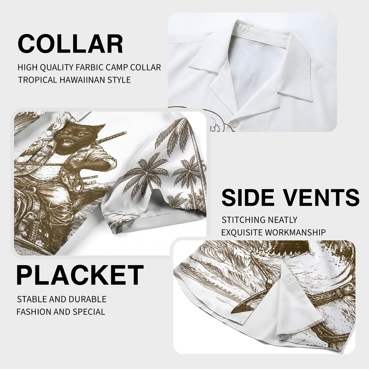 Detailed view of the cat and shark illustration on the shirt
