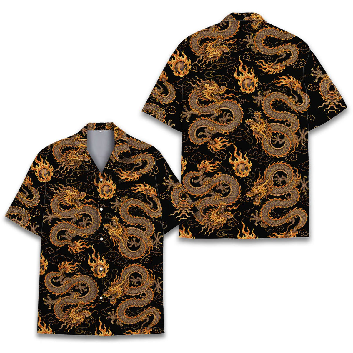 Main view of matching family hawaiian shirts featuring asian dragon pattern