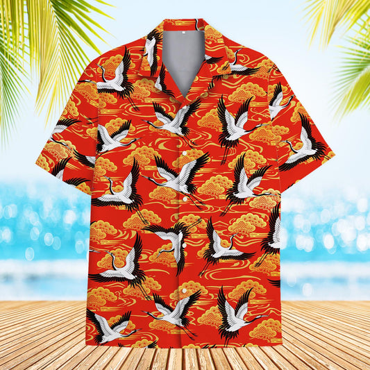 Asian / Oriental Hawaiian shirt featuring red-crowned cranes pattern main view