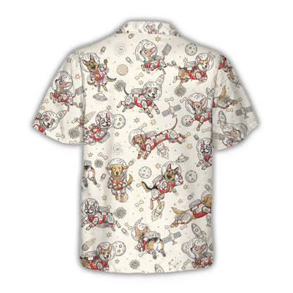 Back view of the matching family hawaiian shirt with astronaut dog pattern