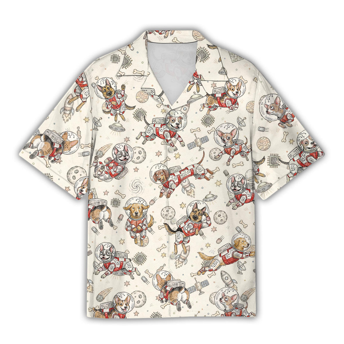 Front view of the white astronaut hawaiian shirt featuring astronaut dogs in space