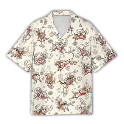 Front view of the white astronaut hawaiian shirt featuring astronaut dogs in space