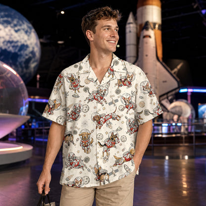 Another lifestyle view of the astronaut dog hawaiian shirt on a person