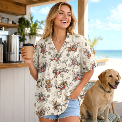 Close-up lifestyle view of the space dog pattern on the hawaiian shirt