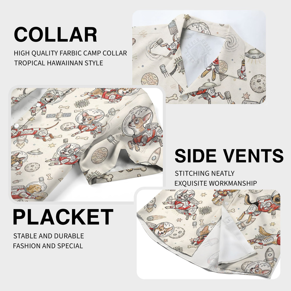Detail view of the fabric and print quality of the astronaut dog design