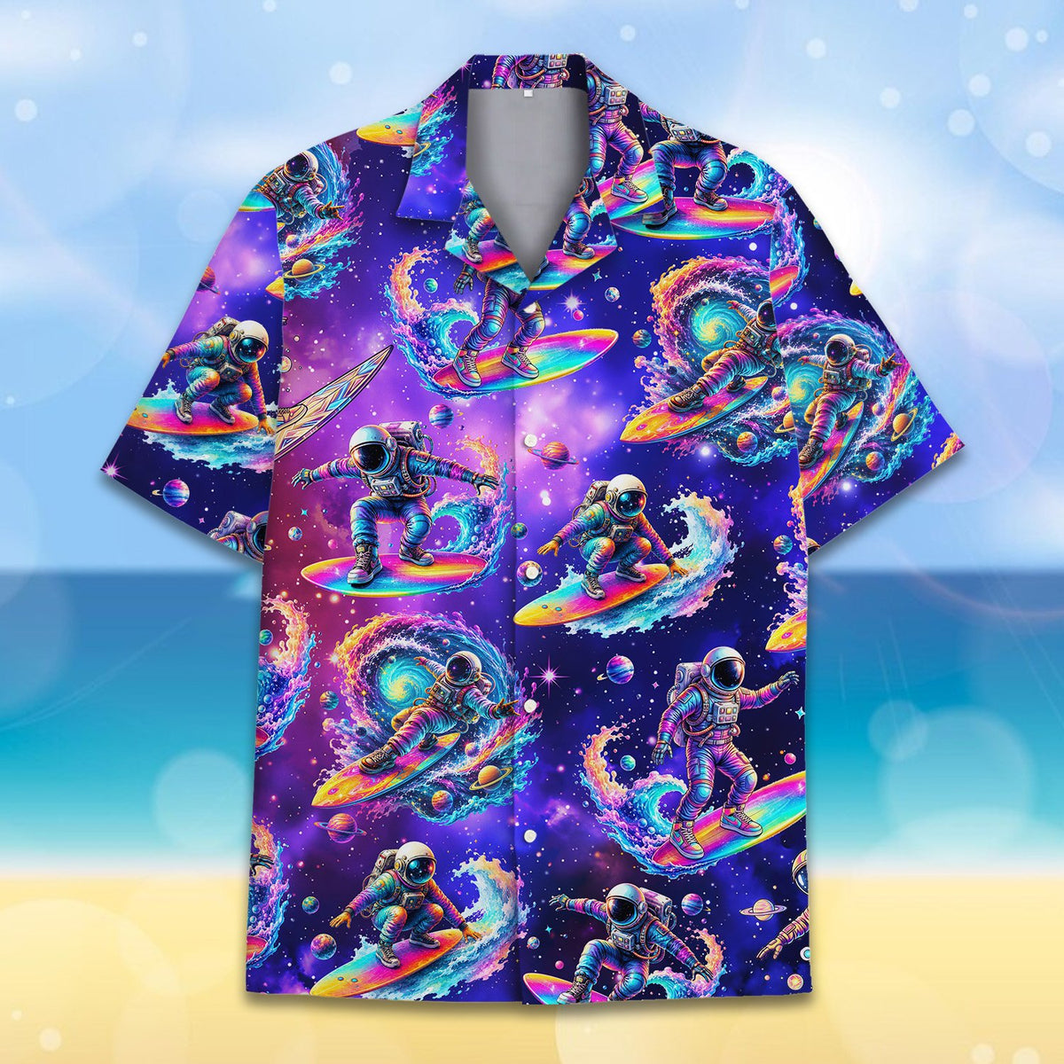 Detailed back view of the astronaut hawaiian shirt