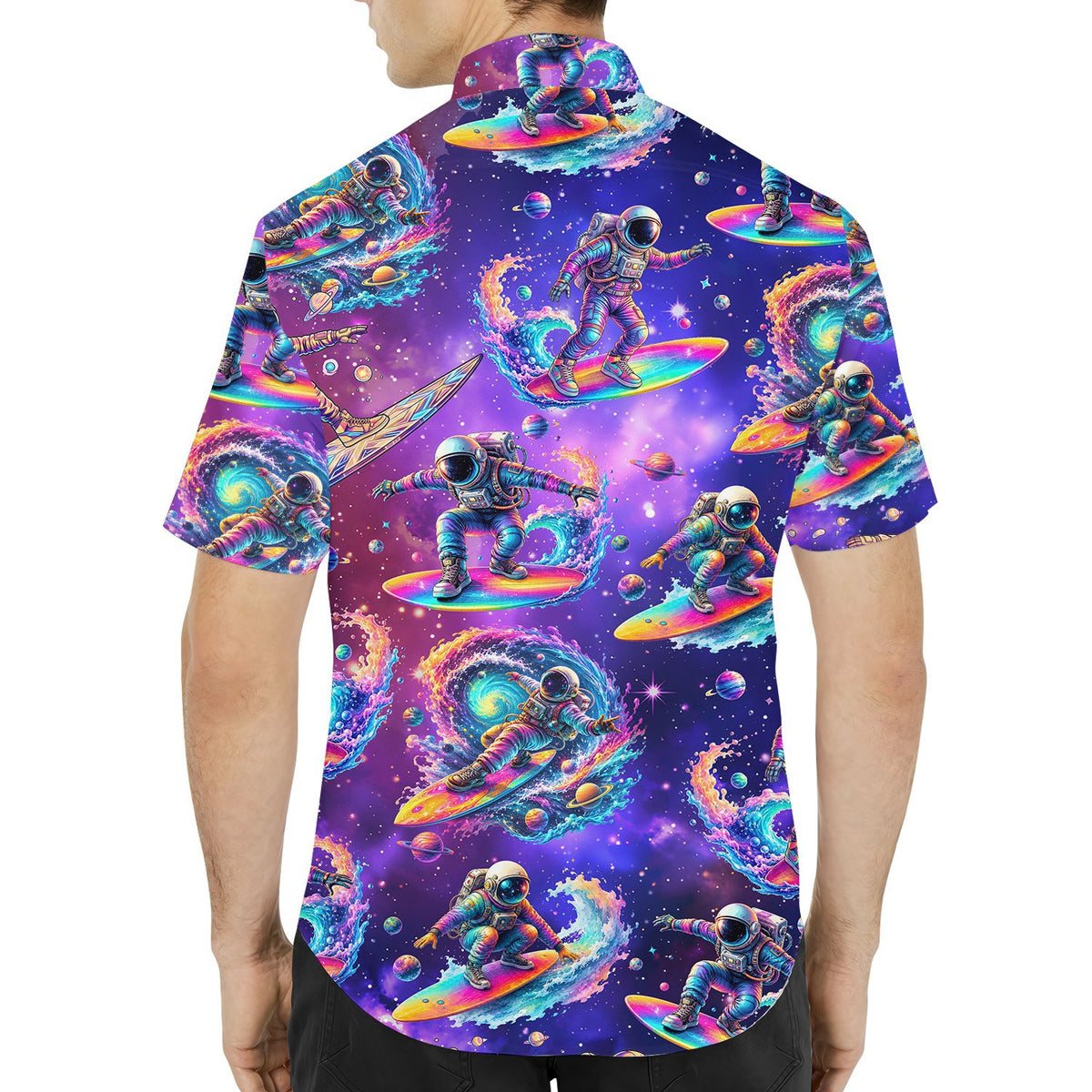 Close-up back view showing the colorful space dust design