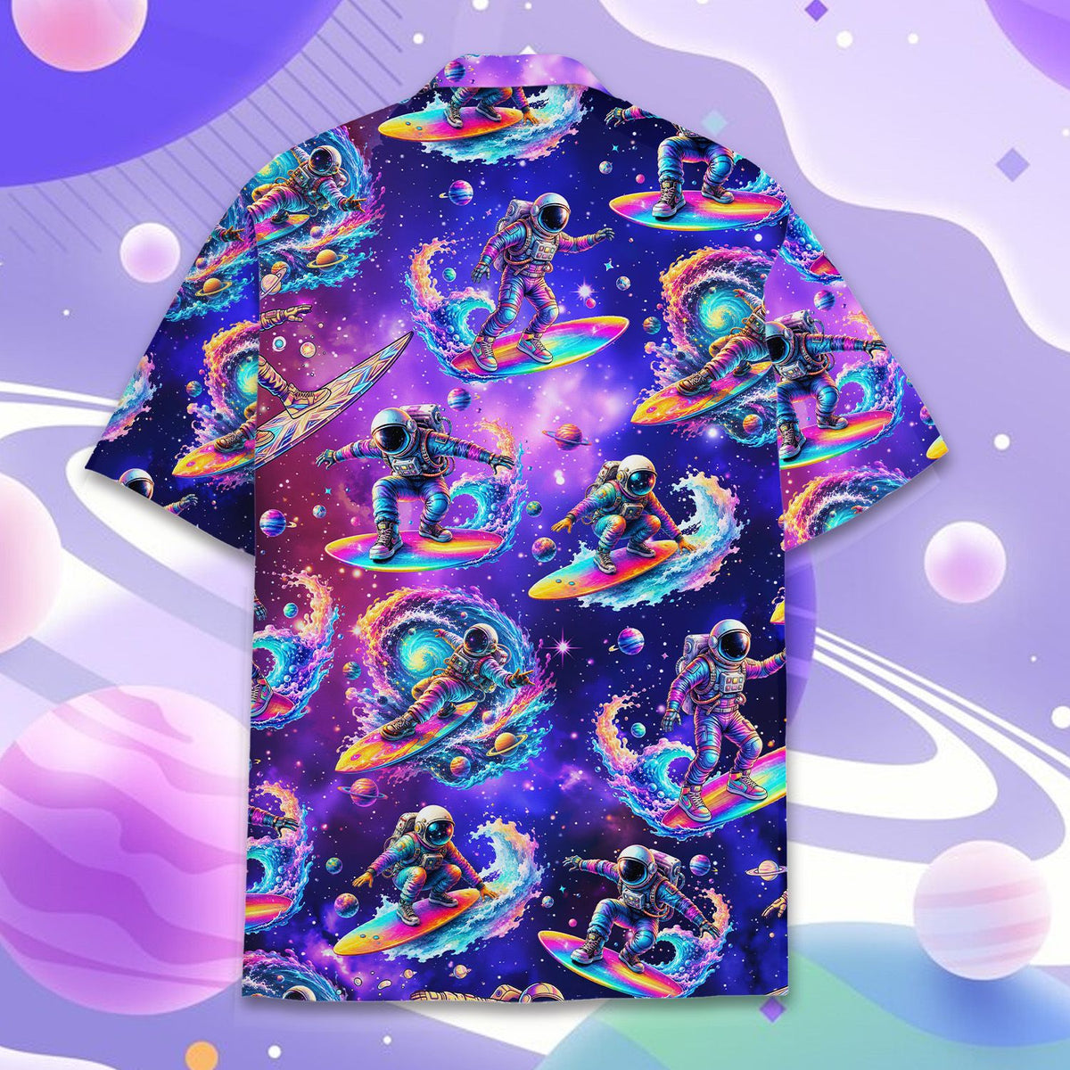 Back view of the vibrant purple and blue galaxy print shirt