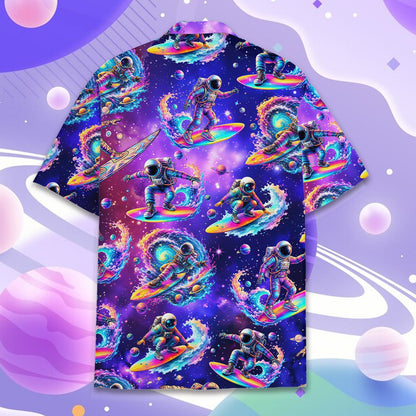 Back view of the vibrant purple and blue galaxy print shirt