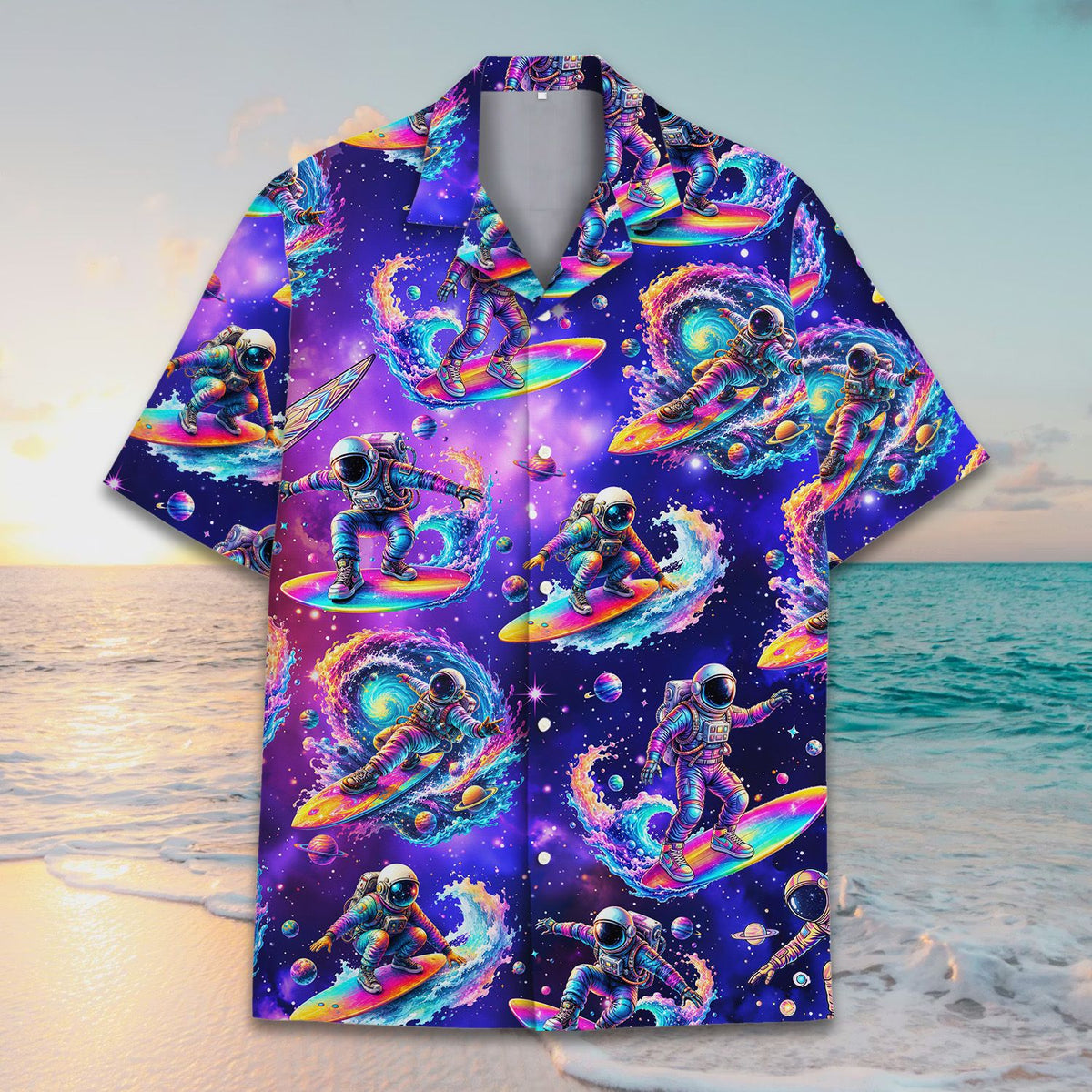 Close-up front view of the astronaut surfing space hawaiian shirt