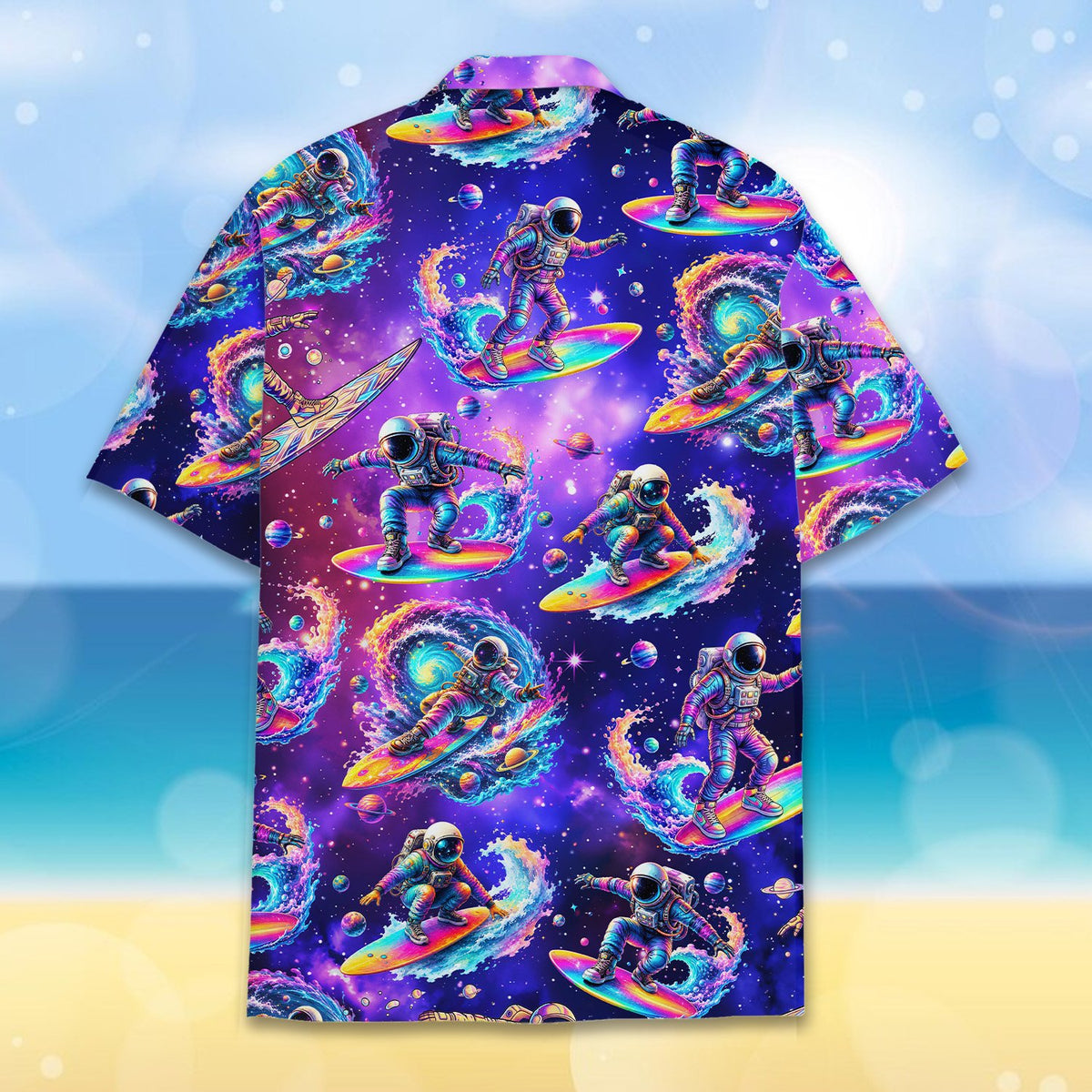 Main view of the purple astronaut hawaiian shirt featuring a space surfing design