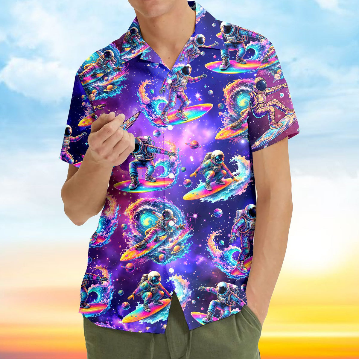 Lifestyle view of a family wearing the surfing santa hawaiian shirt alternative