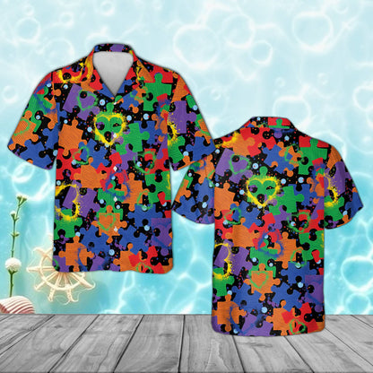 Black matching family hawaiian shirts with multicolor autism hawaiian shirt puzzle pattern, front view