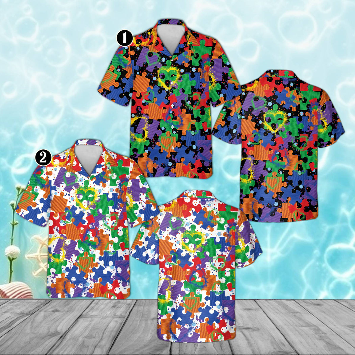 Close-up front view of the abstract puzzle pattern on the autism hawaiian shirt