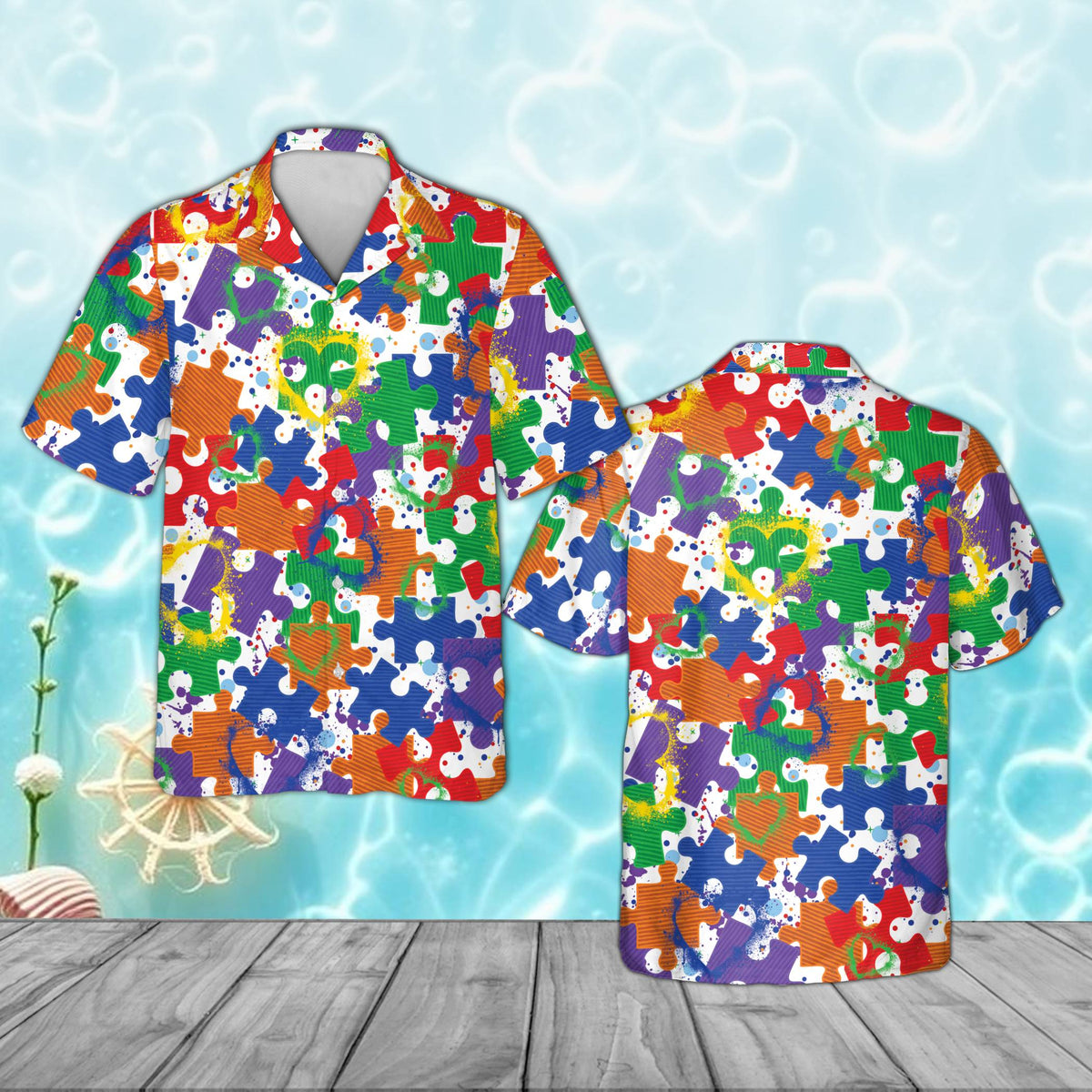 White awareness hawaiian shirt featuring bright interlocking puzzle pieces, front view