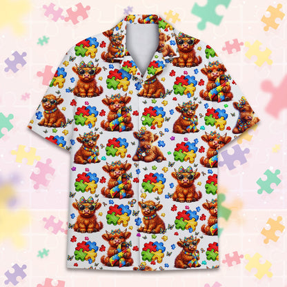 Main view of the autism awareness hawaiian shirt with highland cow design
