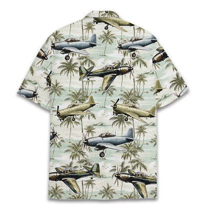 Back view of green aviation hawaiian shirt with palm tree pattern