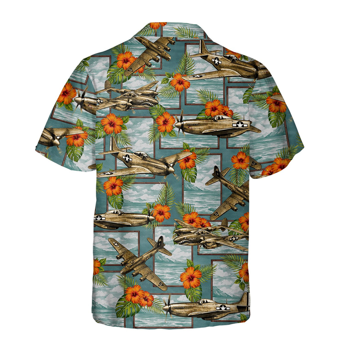 Back view of aviation hawaiian shirt with airplane and floral pattern