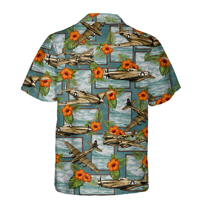 Back view of aviation hawaiian shirt with airplane and floral pattern