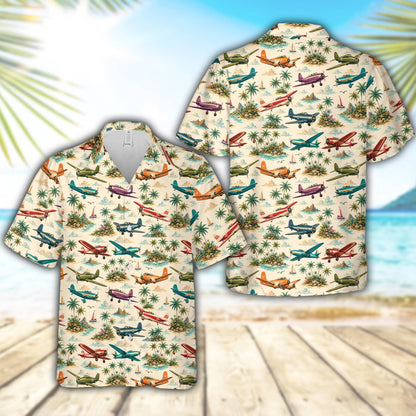 Beige aviation hawaiian shirt featuring vintage airplanes and tropical islands on a cream background, main view