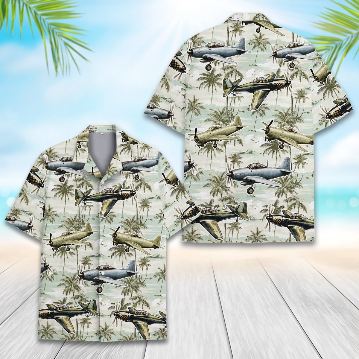 Close up front view of matching family hawaiian shirts in green and blue