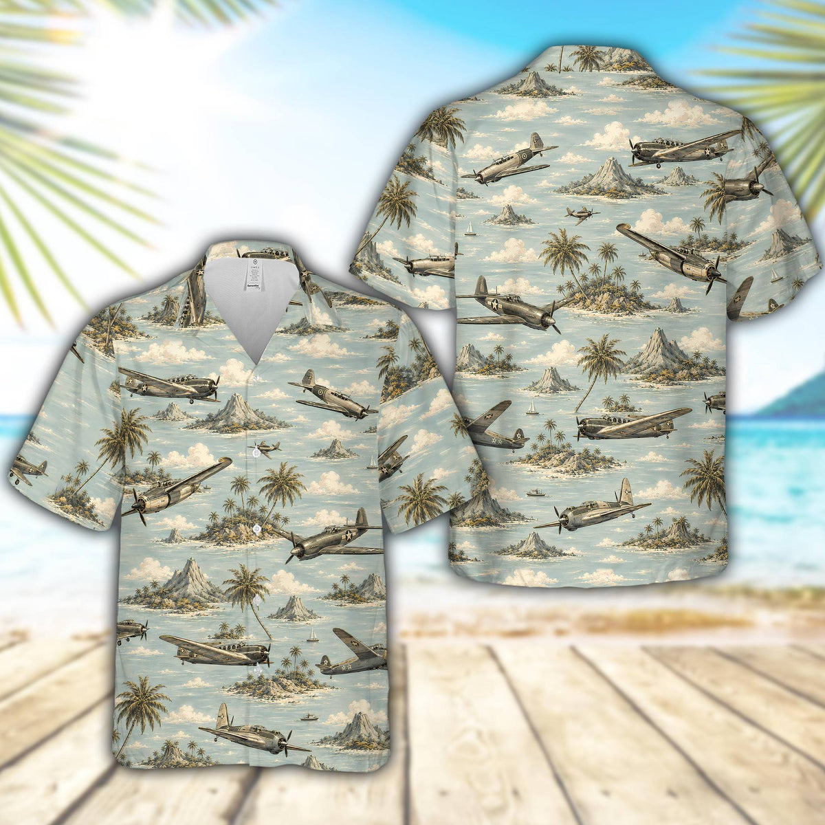 Blue aviation hawaiian shirt with vintage aircraft over tropical islands, main view