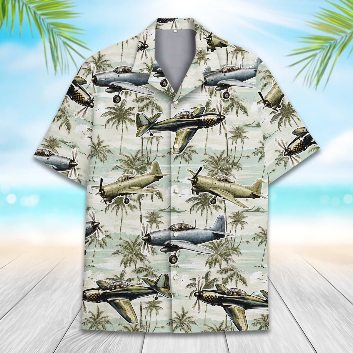 Green aviation hawaiian shirt front detail view