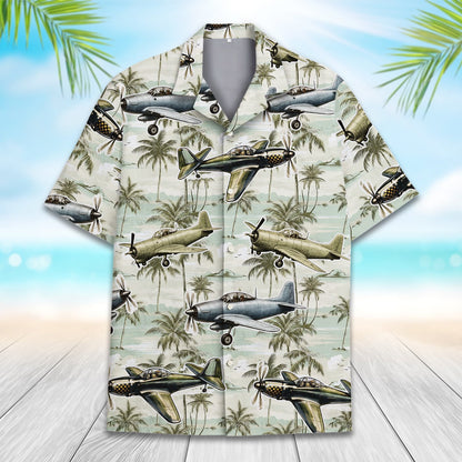 Green aviation hawaiian shirt front detail view