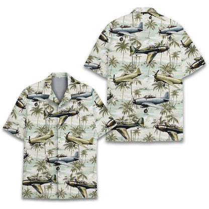 Green aviation hawaiian shirt showing front button details