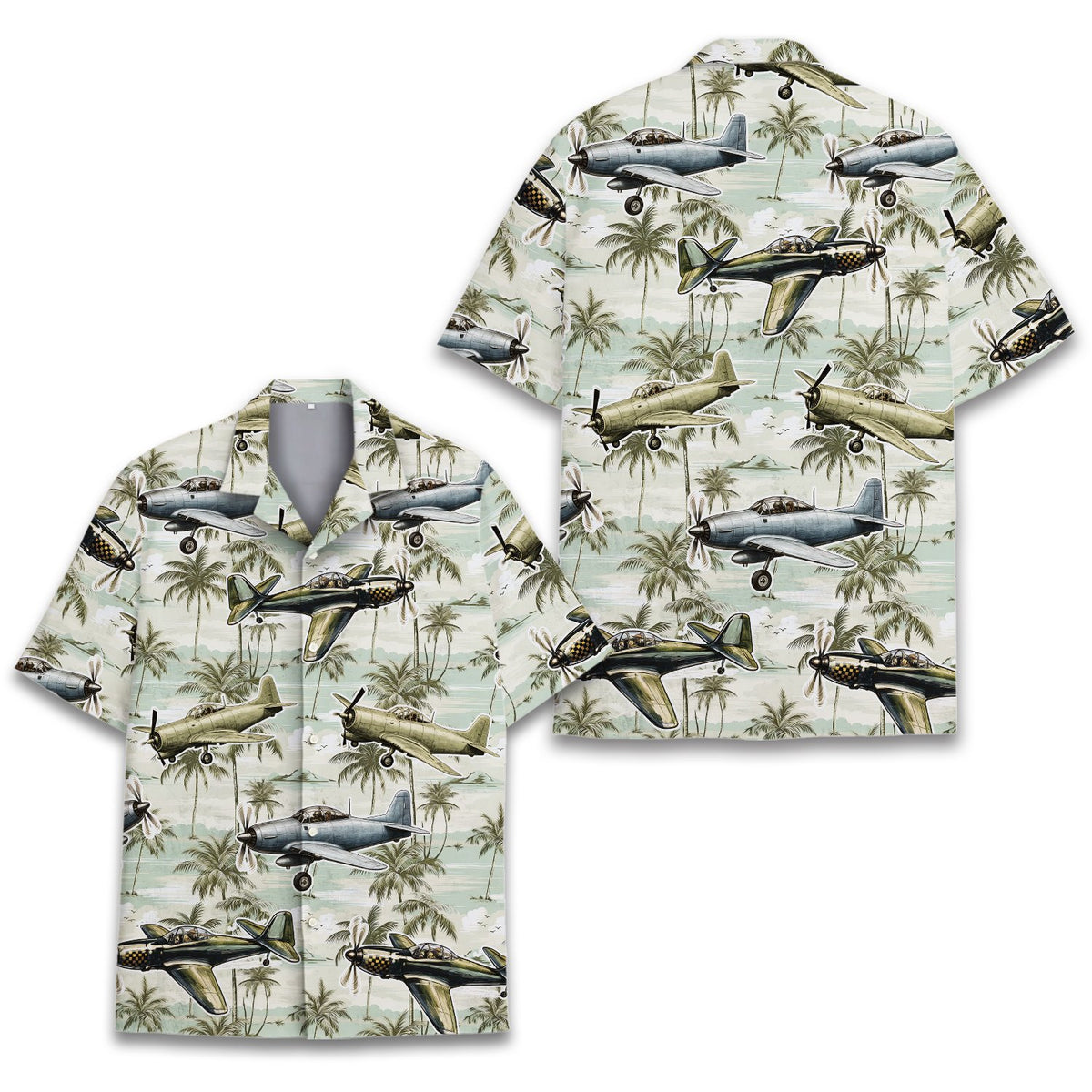 Green aviation hawaiian shirt with vintage airplane print, main view