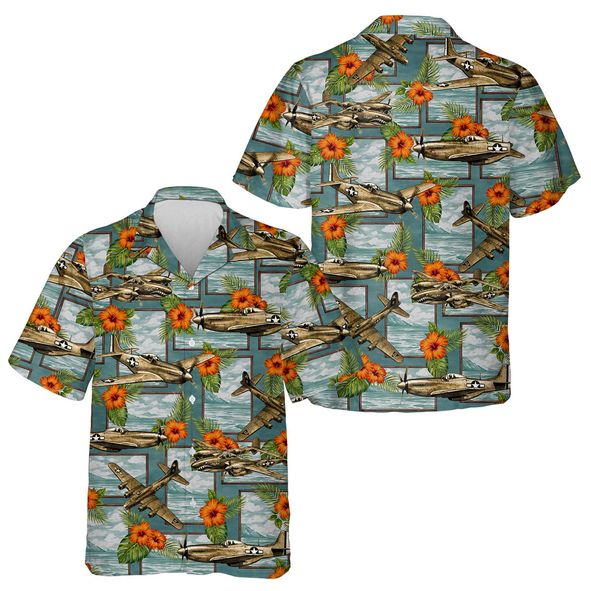 Close-up front view of teal aviation hawaiian shirt