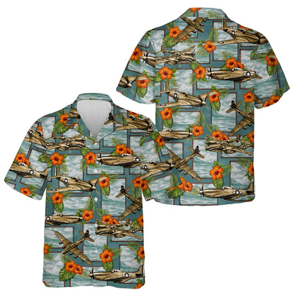 Close-up front view of teal aviation hawaiian shirt