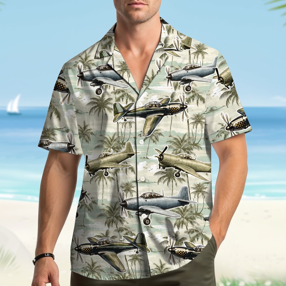 Another lifestyle view featuring the green aviation hawaiian shirt outdoors