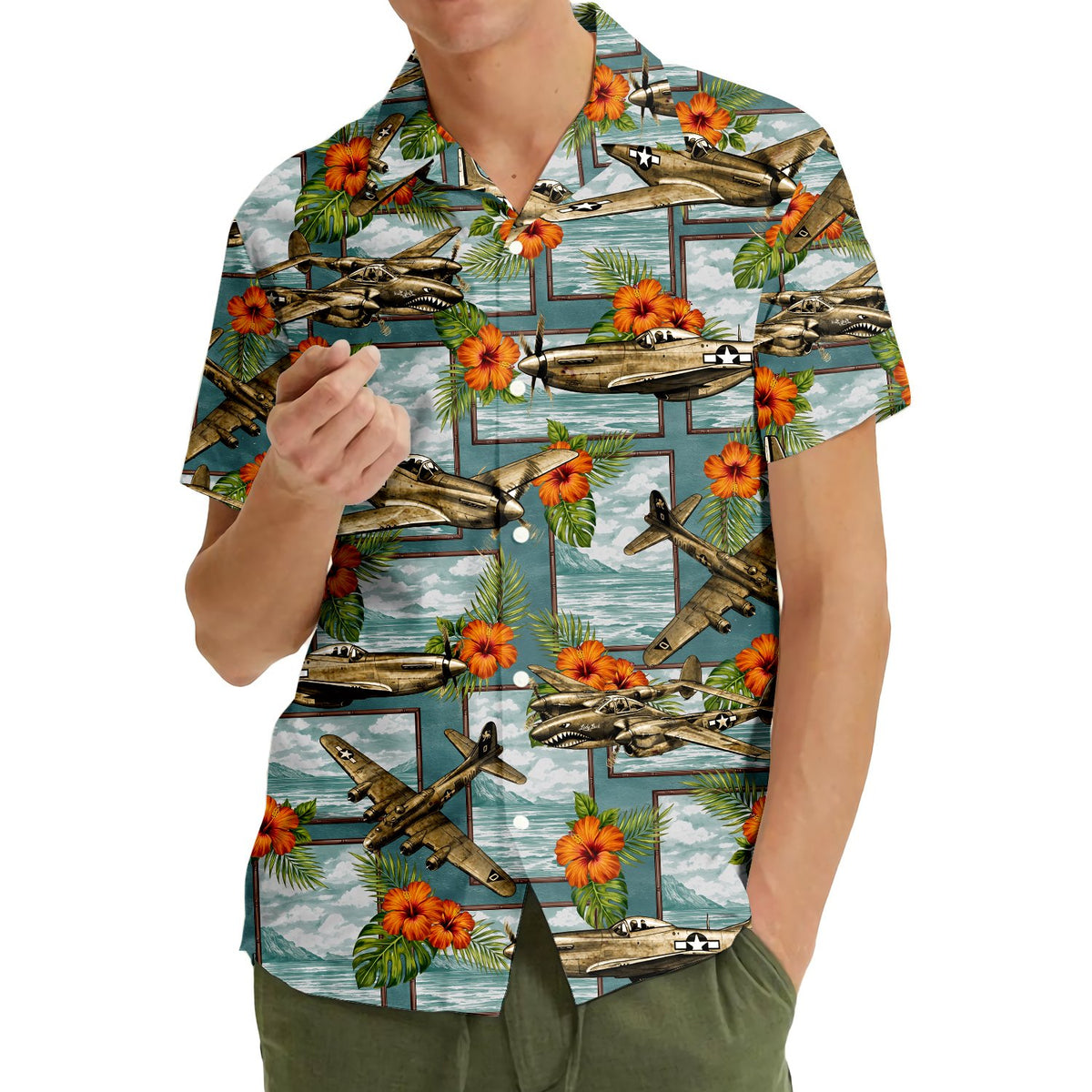 Second lifestyle view of teal aviation hawaiian shirt outdoors