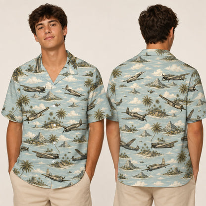 Lifestyle view of the matching family hawaiian shirts with aviation theme